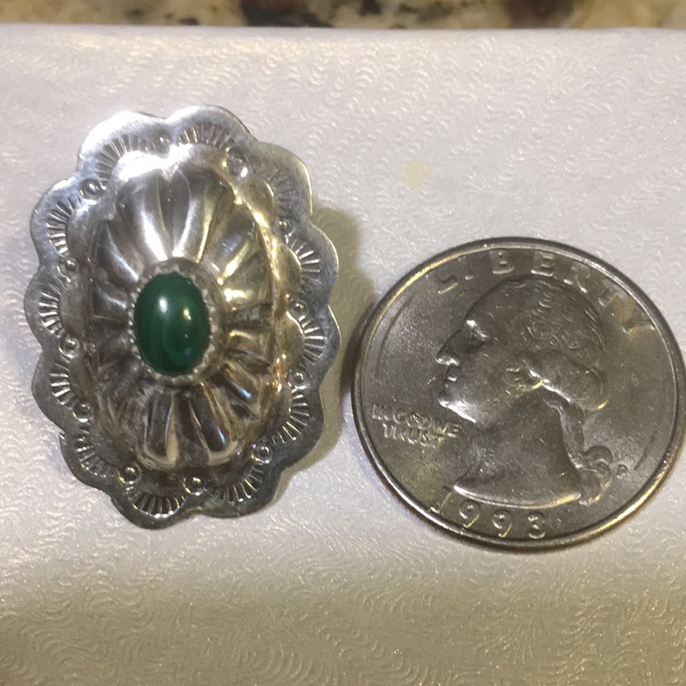 Vintage Navajo Sterling Silver Green Malachite Large Oval Post Earrings Signed - Picture 13 of 16